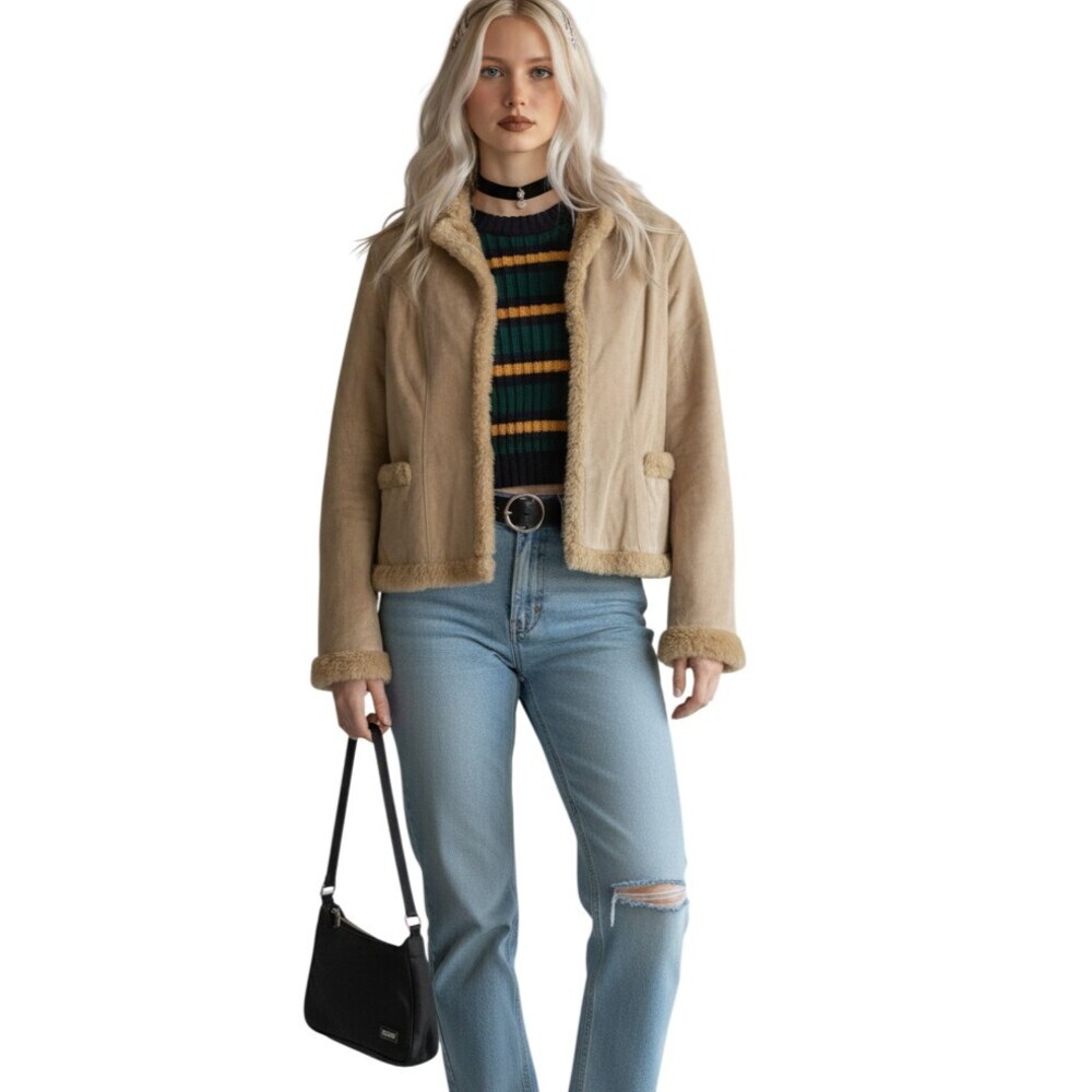 Vintage Mudd Leather Jacket Faux Fur Trim Tan Suede Coat Y2K Penny Lane Medium M